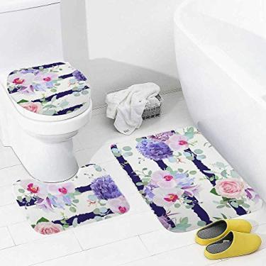 Imagem de Conjunto de tapetes de banheiro e 3 peças de orquídea rosa listrada, tapete de banheiro de espuma viscoelástica, lavável, antiderrapante, tapete e tampa para banheiro