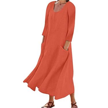 Imagem de Vestido feminino casual de verão manga 3 de 4 gola redonda solto com bolsos vestido de verão cor sólida, Vermelho, P