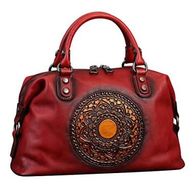 Imagem de Bolsa de couro para mulheres, bolsas de couro genuíno retrô Mandela bolsa tiracolo, Pasta de feijão vermelha, One Size