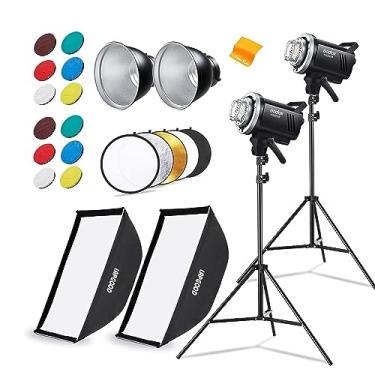 Imagem de Godox MS300 Kit de fotografia de luz de estúdio de flash estroboscópico 600W: 2 peças GODOX MS300V com softbox/suporte de luz/refletor, 5800±200K 0,1~1,8S Tempo de reciclagem com lâmpada de modelagem