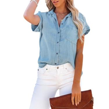 Imagem de Aoudery Camisa feminina de botão de cambraia com bolsos, túnica jeans de algodão, abotoada, manga curta, lisa, blusa alta e baixa, A_a Azul claro (cambraia), XXG