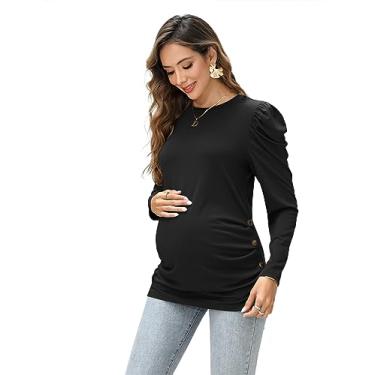 Imagem de Camisas de maternidade com botões laterais e túnica franzida para gestantes tops casuais puff manga comprida blusa de gravidez top roupas de maternidade, Preto, M