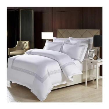 Imagem de Jogo de cama de algodão bordado cor branca king queen size conjunto de cama de luxo conjunto de capa de edredom, roupa de cama, macio (branco tamanho queen 6 peças)