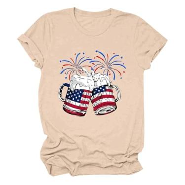 Imagem de PKDong 4th of July Outfit for Women Crew Neck Short Sleeve Independent Day Beer Cups Impresso Camiseta Gráfica para Mulheres, Bege, M