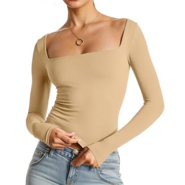 Imagem de Cnlinkco Camiseta feminina gola quadrada manga longa básica slim fit cor sólida túnica sexy, Caqui, G