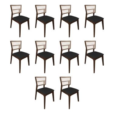 Imagem de Kit 10 Cadeiras De Jantar Manuela Em Tela Assento Veludo Preto Base Em Madeira Maciça - Natural