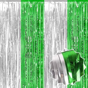 Imagem de Pacote com 3 cortinas de franja de folha de estanho verde prata 8,28 x 2,5 m, decorações de festa, cortinas metálicas para cabine de fotos, Halloween, Natal, aniversário, celebração, evento, decoração