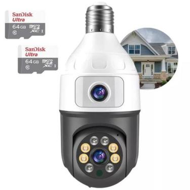 Imagem de Kit Câmera Segurança Wifi Dupla Lentes Lâmpada + 2 Cartão 64 GB Visão 