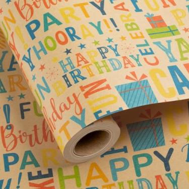 Imagem de Burymento Papel de embrulho de aniversário Kraft para meninos e meninas - Padrão colorido de feliz aniversário, ótimo para aniversário, festa, chá de bebê - Mini rolo - 43 cm x 80 metros