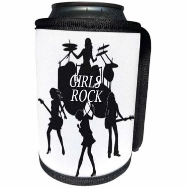 Imagem de 3dRose Envoltório para garrafa de refrigerador, 26,6 cm por 11,4 cm, Silhouette Girls Band With Girls Rock in White