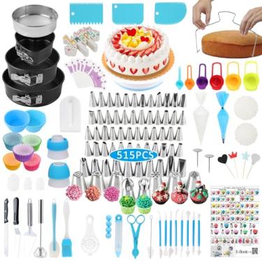 Imagem de Kit de decoração de bolo, suprimentos de decoração de bolos, conjunto de 515 peças de suprimentos de cozimento com 3 conjuntos de formas Springform, 66 bocais de confeiteiro, toca-discos rotativos de
