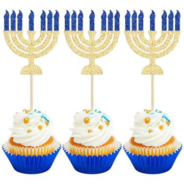Imagem de 24 peças Happy Hanukkah Cupcake Toppers Glitter Candlestick Menorah Cake Topper Decorações para Brilhante Aniversário Judaico Chanucá Festas Decoração Suprimentos