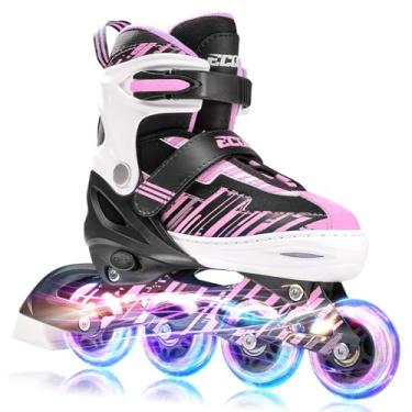 Imagem de ECOO Patins em linha ajustáveis para meninos e meninas com rodas iluminadas, patins para crianças de 4 a 12 anos, patins adolescentes para iniciantes ao ar livre e interno (rosa, grande - juvenil (3-6
