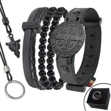 Imagem de Kit 06 Pulseiras e Colares - Pulseira de Couro Preto São Bento ALL BLA