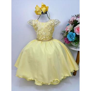 Imagem de Vestido infantil amarelo c/ renda cinto strass luxo damas - Jeito de M