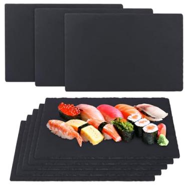 Imagem de IHDYPPEW Tábuas de queijo de ardósia, pacote com 8 pratos de ardósia de 30,5 x 20,3 cm, tábuas de charcutaria preta - Bandeja de servir de pedra natural com giz de pedra-sabão para festas, presentes e