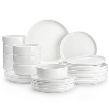 Imagem de MALACASA Conjunto de pratos e tigelas, 24 peças modernas de porcelana para 8, louças de cerâmica, branco, conjunto de utensílios de jantar, para micro-ondas e lava-louças, série LUNA