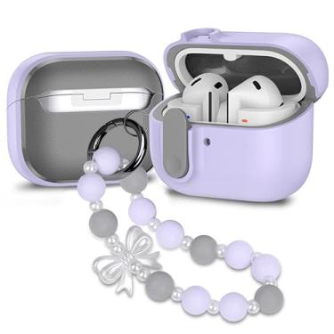 Imagem de Capa compatível com Samsung Galaxy Buds 3 e capa para Galaxy Buds 3 Pro com chaveiro, proteção total à prova de choque com cordão de trava segura, laço roxo