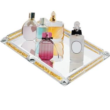 Imagem de Bandeja grande espelhada, bandeja de maquiagem cosmética de vidro de cristal triturado, joia de perfume brilhante, bandeja decorativa de bancada, para festa, hotel, banquete, cômoda, banheiro, quarto