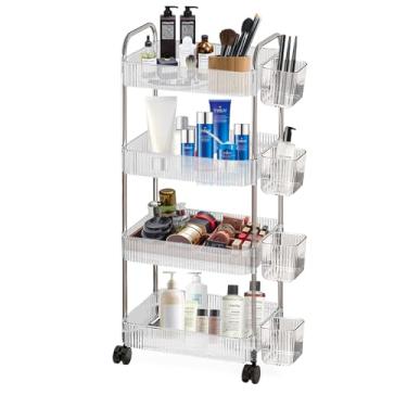 Imagem de DKALIO Carrinho de rodinhas de 4 níveis com cesta suspensa, carrinhos de armazenamento de acrílico com rodas bloqueáveis, carrinhos utilitários organizador de armazenamento para escritório, sala de