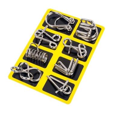 Imagem de Kit 8 Peças Quebra Cabeça De Metal Enigma Puzzle Aço Amarelo Brinquedos Intelectuais Desafio Cerebral Anti Stress