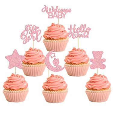 Imagem de Gyufise 24 peças de topos de cupcake para bebês meninas com lua, glitter, estrela, urso, Hello World It's a Girl Chá de Bebê Palitos de Cupcake Revelação de Gênero Infantil Meninas Decoração de Bolo Suprimentos Rosa