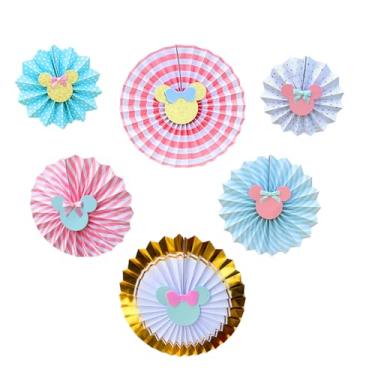 Imagem de 6 peças rosa dourado bebê azul bebê Minnie e laço de rato pano de fundo de festa de aniversário para crianças, feliz aniversário, revelação de gênero, chá de bebê, casamento, chá de panela, festa de