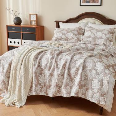 Imagem de EVENHUG Colcha Queen 100% algodão, reversível, tropical, acolchoada, colcha de cama leve para o verão, com 2 fronhas, capa de cama lavável para todas as estações, 233 x 243 cm, bege