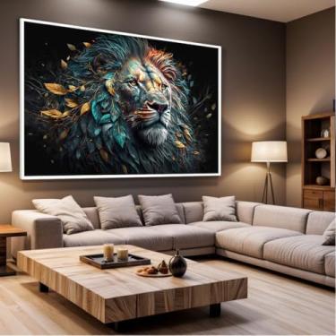 Imagem de Quadro Decorativo com Moldura Sala 40x60 Leão Abstrato com Folhas Luxo Grande Horizontal