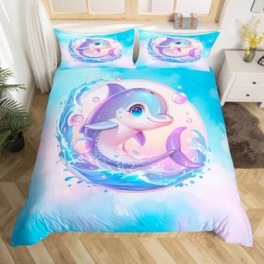 Imagem de Conjunto de capa de edredom Kawaii Dolphin, tamanho casal, oceano, vida marinha, peixe, para crianças, meninas, adolescentes, azul ombré, rosa, tie-dye, capa de edredom com golfinho, 2 fronhas (sem