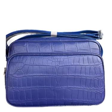 Imagem de Bolsa masculina de couro de crocodilo genuína, azul marinho, bolsa mensageiro de couro de jacaré autêntica, Azul, 27cm (Length) x 19cm(Height) x 8cm(Deep)