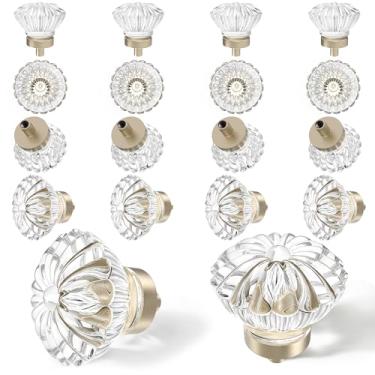 Imagem de Maçanetas de armário vintage de cristal, pacote com 16 cristais transparentes de níquel escovado de vidro de flor, pequeno puxador para armário, cômoda, gavetas, guarda-roupa, puxadores retrô sólidos