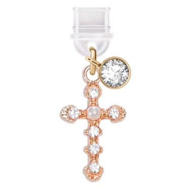 Imagem de ELISE & FONDA TP595 Tipo-C porta de carregamento antipoeira pequena cruz de cristal pingente de celular para iPhone 15/16/Samsung/OnePlus/Xiaomi/oppo telefones Android (dourado), approx. 1.5 cm (L) x