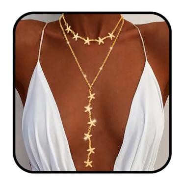Imagem de Bounzhi Corrente corporal sexy em camadas, sutiã estrela-do-mar, joia corporal, biquíni, colar de praia para mulheres e meninas, Free Size, Liga metálica, Strass