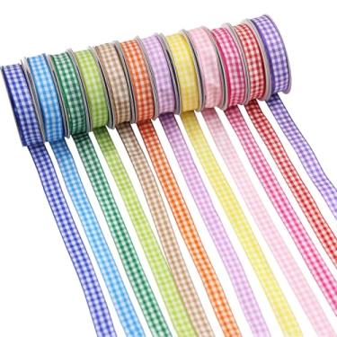 Imagem de YERELO 12 rolos de fita xadrez pastel, 0,9 cm x 60 m, fita xadrez fina dupla face para artesanato, grinalda, embrulho de presente, decoração de festa de aniversário e laços de cabelo feitos à mão