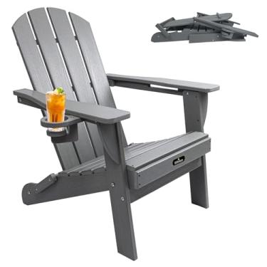 Imagem de Withniture Conjunto de 2 cadeiras Adirondack de plástico, cadeiras de plástico com textura de madeira, para ambientes externos, gramado, quintal, cinza (cinza, 1 pacote)