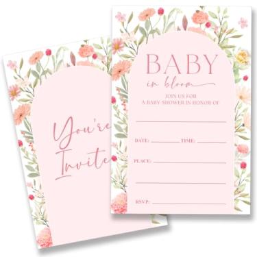 Imagem de QZJ Convites de chá de bebê floral rosa arco suprimentos com envelopes conjunto de 20 convites de bebê em flor preencher em branco, dupla face