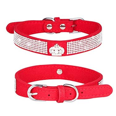 Imagem de haoyueer Coleira de cachorro com strass, linda deslumbrante e cintilante couro de camurça macia para cães e gatos coleira de strass cristal diamante para cães de estimação (P, vermelho-4)