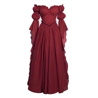 Imagem de Vibsion Vestido renascentista medieval, fantasia de feira renascentista, para mulheres, vestidos de casamento de bruxa gótica vitoriana 2GG/3GG vermelho vinho