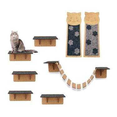 Imagem de Mondo Box Parquinho Gato 8 Peças Playground para Gatos com Arranhador de Parede Ponte Escadinha Mdf Prateleiras Antiderrapante Escada para Gatos Filhotes e Adultos Brinquedo Gatificação