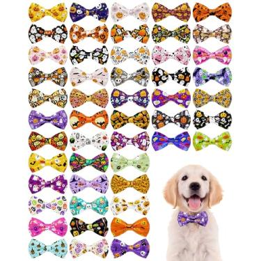 Imagem de PET SHOW Pacote com 50 gravatas borboleta para cães pequenos de Halloween, acessórios de coleira deslizante, filhotes, gatos, abóbora, fantasma, gravata borboleta para cães médios, laço, festa, férias