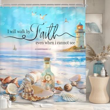 Imagem de Riyidecor Cortina de chuveiro azul petróleo, versículo bíblico, oceano, farol, citação cristã, escritura, bússola costeira havaiana, 152 cm L x 182 cm, decoração de tecido estrela-do-mar, banheiro
