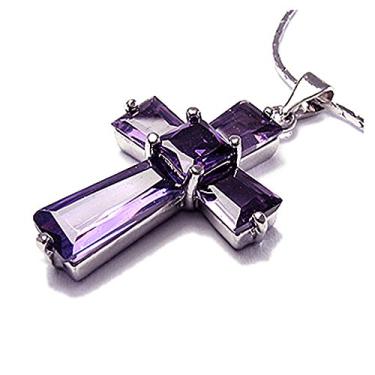 Imagem de RIZILIA Pingente De Cruz Com Corrente 18" E Corte Quadrado Trapezoidal Cz [Ametista Roxa Simulada] Banhado A Ouro Branco, Simples, Moderno Elegante