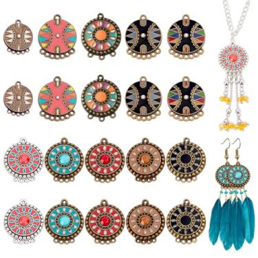 Imagem de AHANDMAKER 20 peças 10 estilos de berloques de conector boho, elos de componente de lustre vintage redondos planos, pingentes coloridos para acessórios de brinco, colares faça você mesmo, fabricação