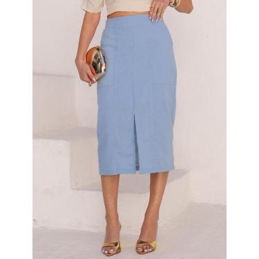 Imagem de Saia Midi de Linho com Fenda Charmosa e Cós Flexível - Lumia, Azul cla