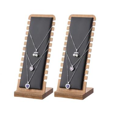 Imagem de SWTOOL 2 peças, cor de nogueira, corpo de bambu, suporte de exibição de colar de joias com tapete macio de couro preto, pingente de mesa, suporte de exibição para shows de vendas em casa