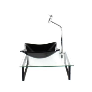 Imagem de Kit Cuba Vidro 10Mm Preta Tampo 40Cm Incolor Suporte