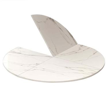 Imagem de Mesa de jantar moderna redonda dobrável de 139 cm, acabamento de mármore e grãos de madeira, pernas de metal preto, assentos de 4 a 10 pessoas (mesa branca jazz)