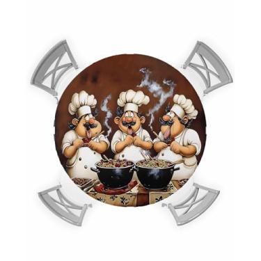 Imagem de Toalha de mesa redonda Funny Chefs com elástico, toalha de mesa impermeável para mesas redondas de 114 a 137 cm, capa de mesa xadrez vermelha limpável para jantar e festa de piquenique