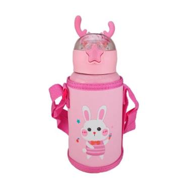 Imagem de Garrafa Térmica Infantil 500ml Antivazamento com Bolsa e Canudo – Unicórnio, Coelho e Alce (rosa)